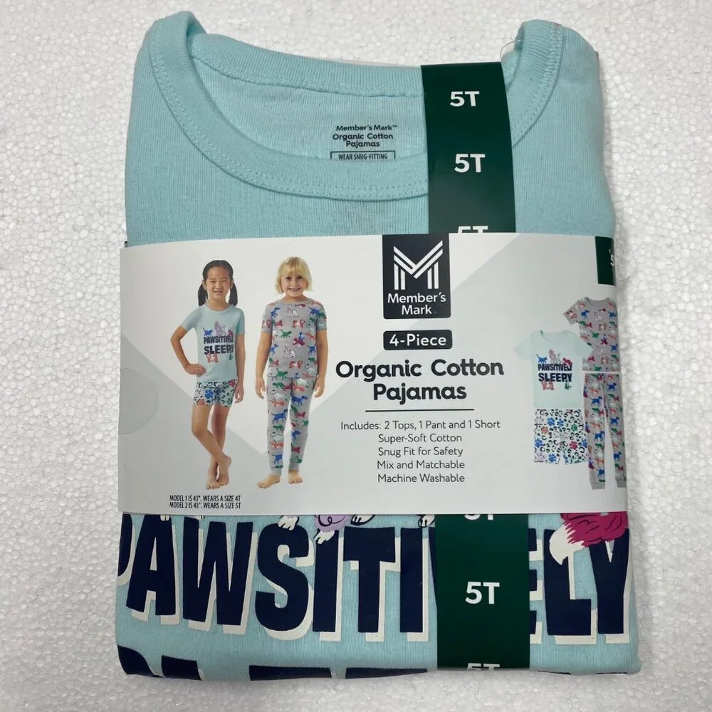 Members Mark 4-Piece Organic Cotton‎ Pajamas Set Kids 5T NWT
